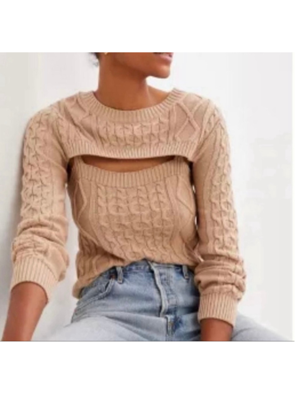 Anthropologie 2-Pc Cable Knit Bolero Shrug & Camisole Set Beige S EUC